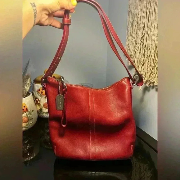 COACH Slim Legacy Red  Leather Handbag With Double Handles - Picture 1 of 8